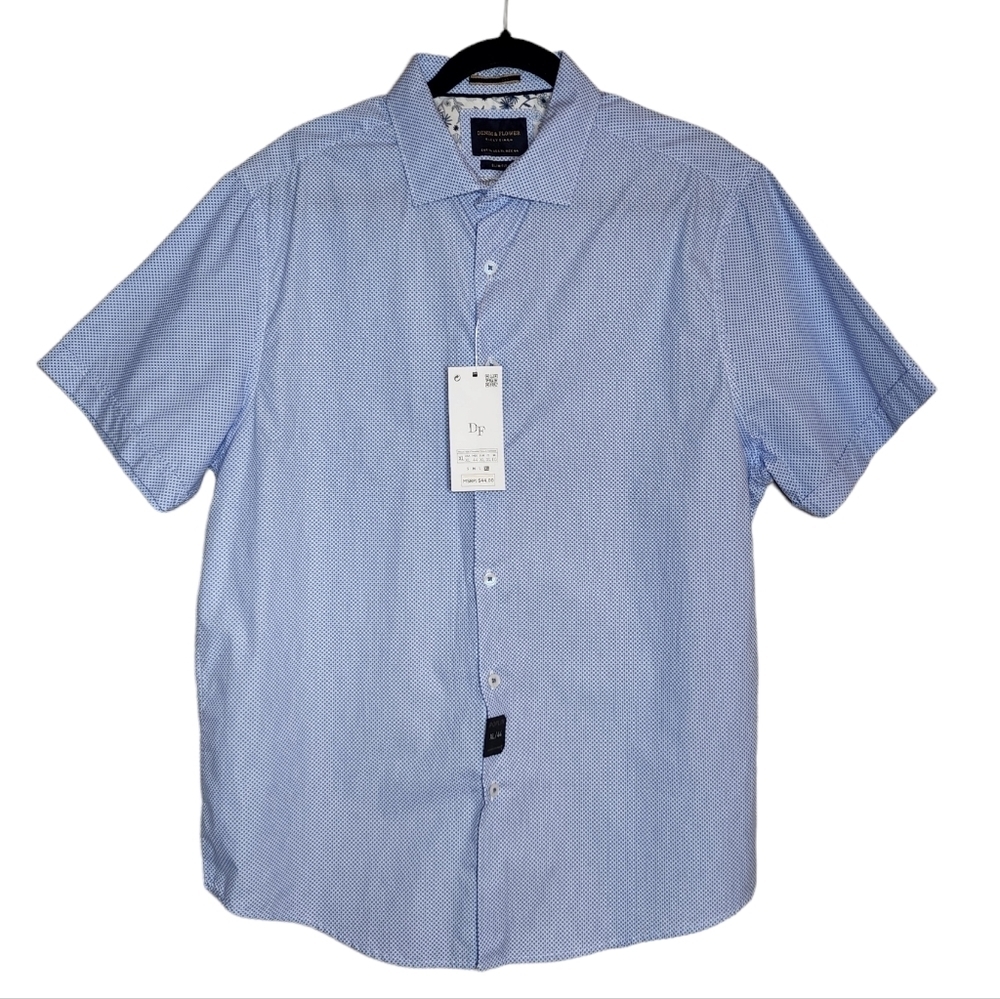 NWT Denim & Flower Cotton Blue White Print Short Sleeve Button Shirt XL Slim
